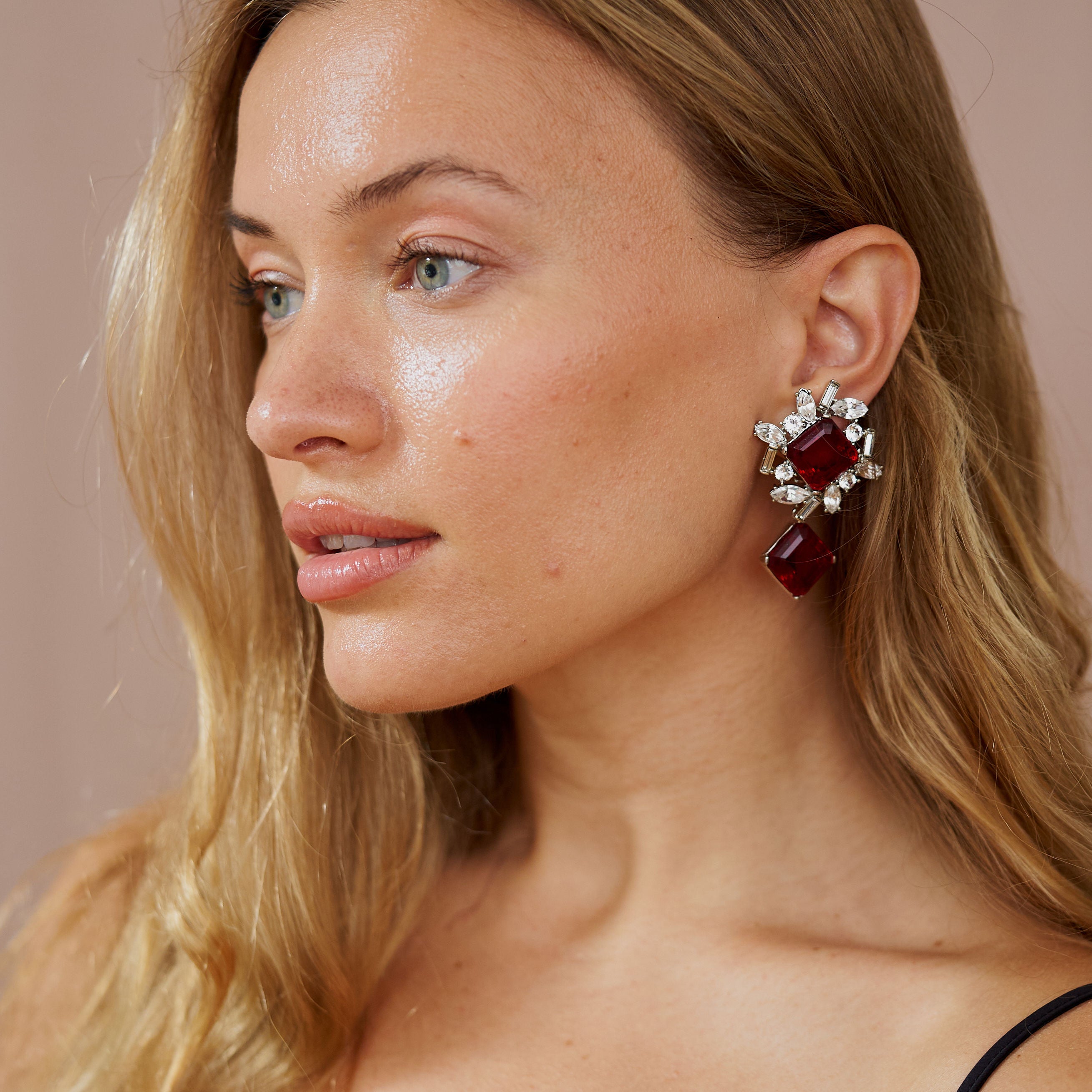 Ruby Rhinestone Drop Clip Earrings