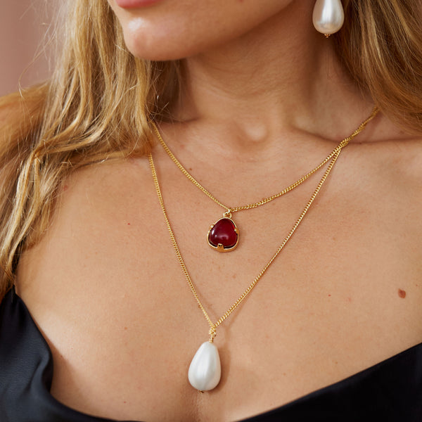 Ruby & Pearl Drop Pendant Necklace