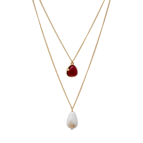 Ruby & Pearl Drop Pendant Necklace