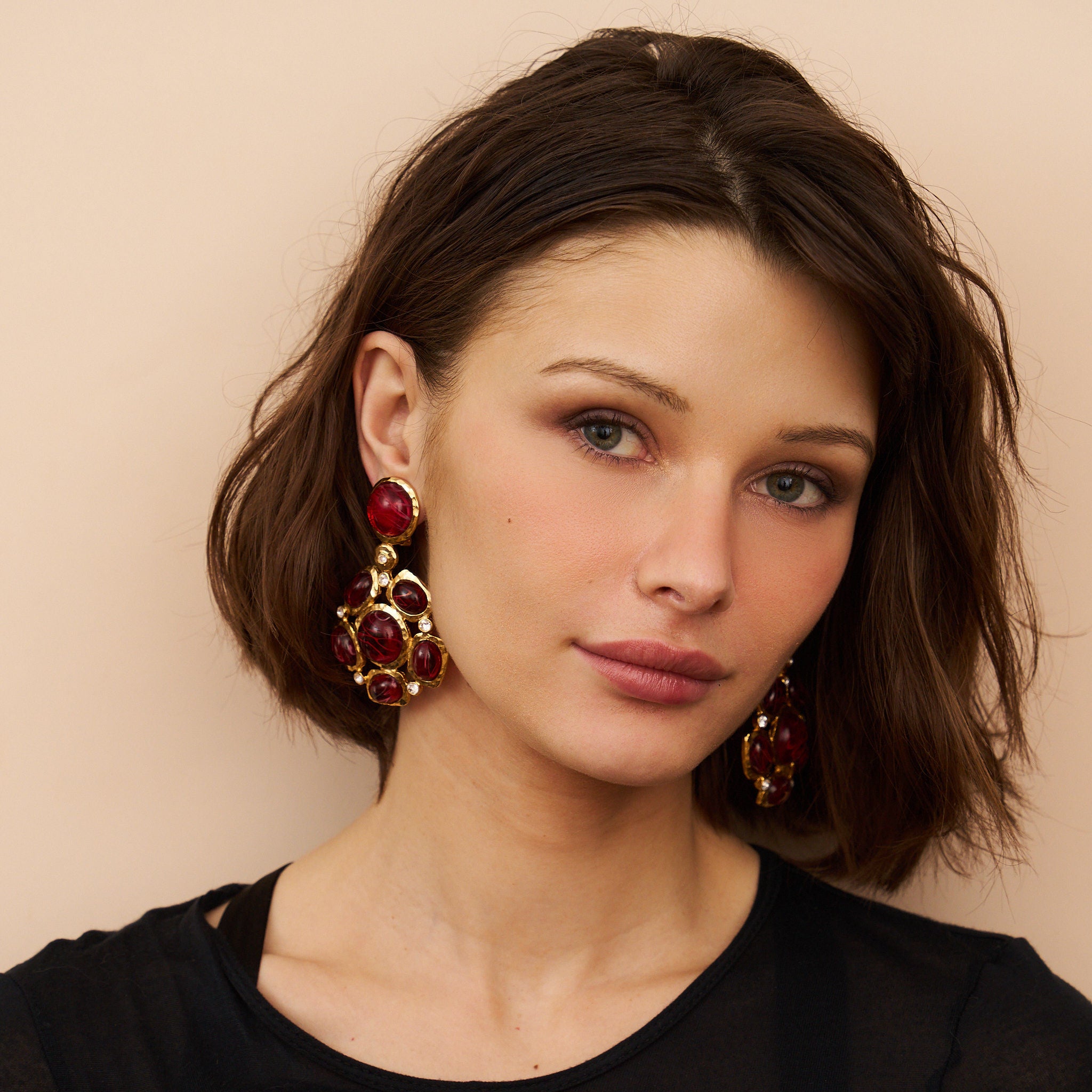 Ruby Cluster Drop Clip-On Earrings