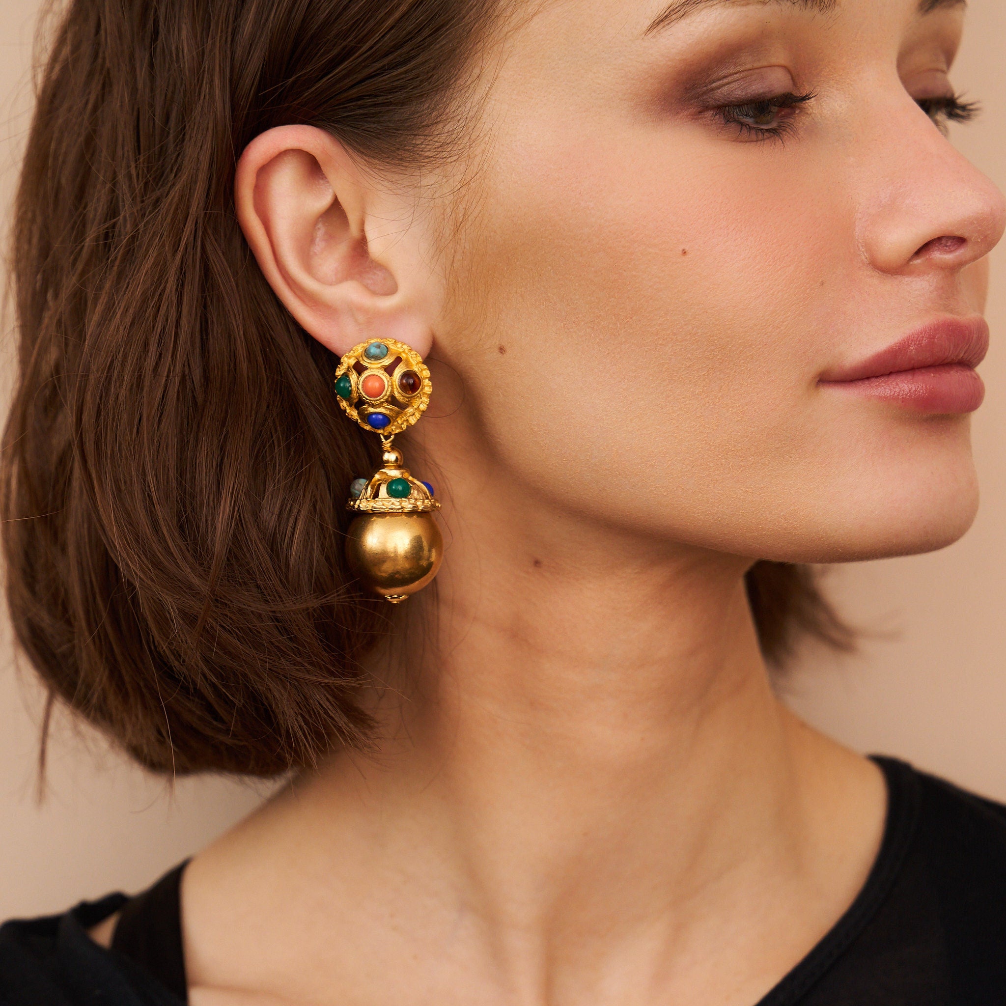 Jeweled Cabochon Drop Clip-On Earrings