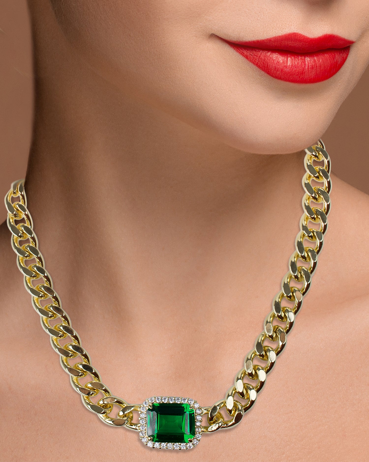 Emerald & Cubic Zirconia Chunky Chain Necklace