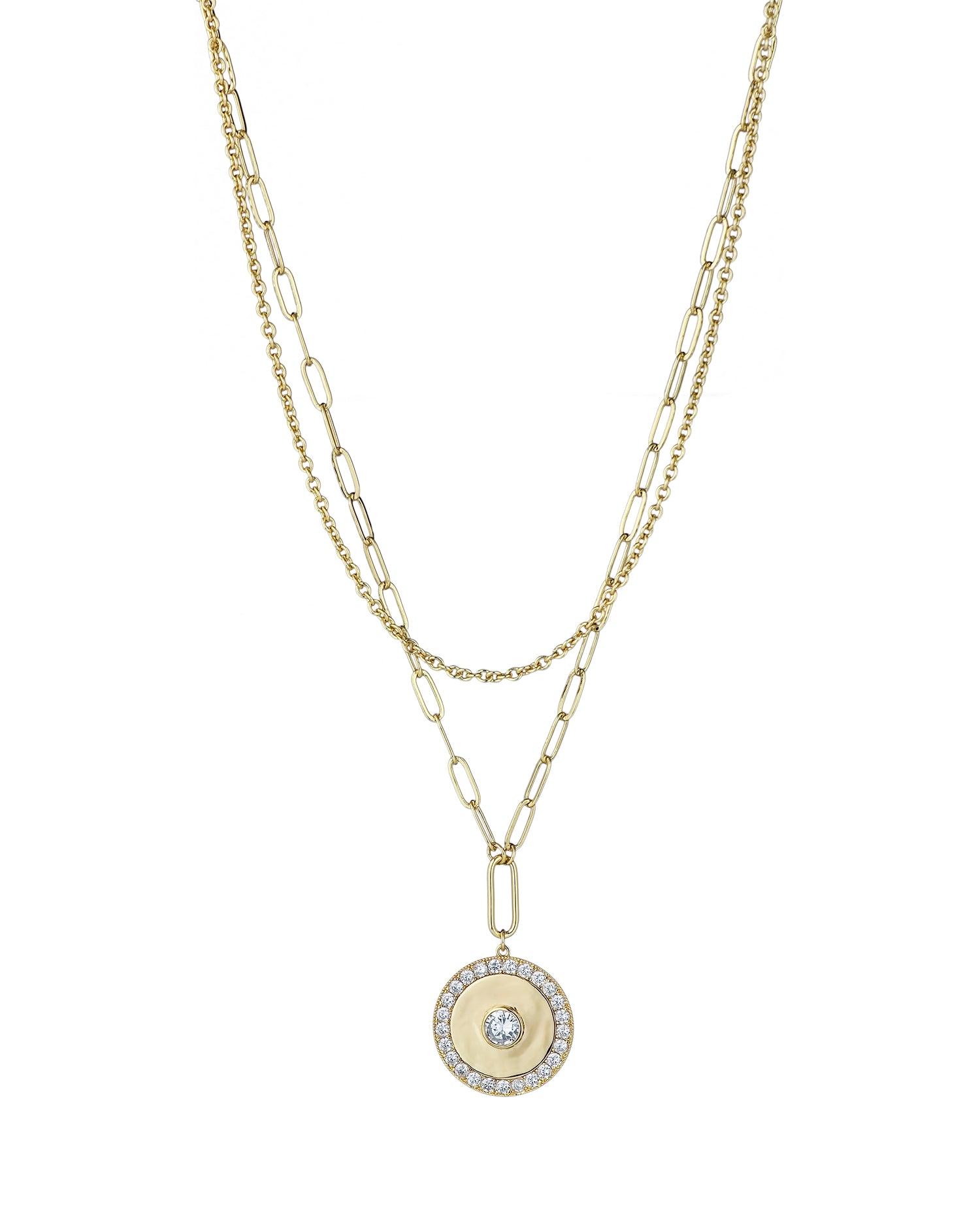 Double Stranded Cubic Zirconia Disc Pendant Necklace