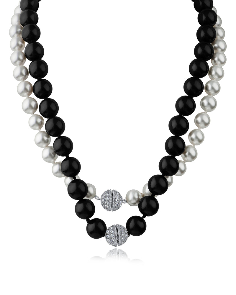Pearl & Black Onyx Double Pave Cubic Zirconia Necklace