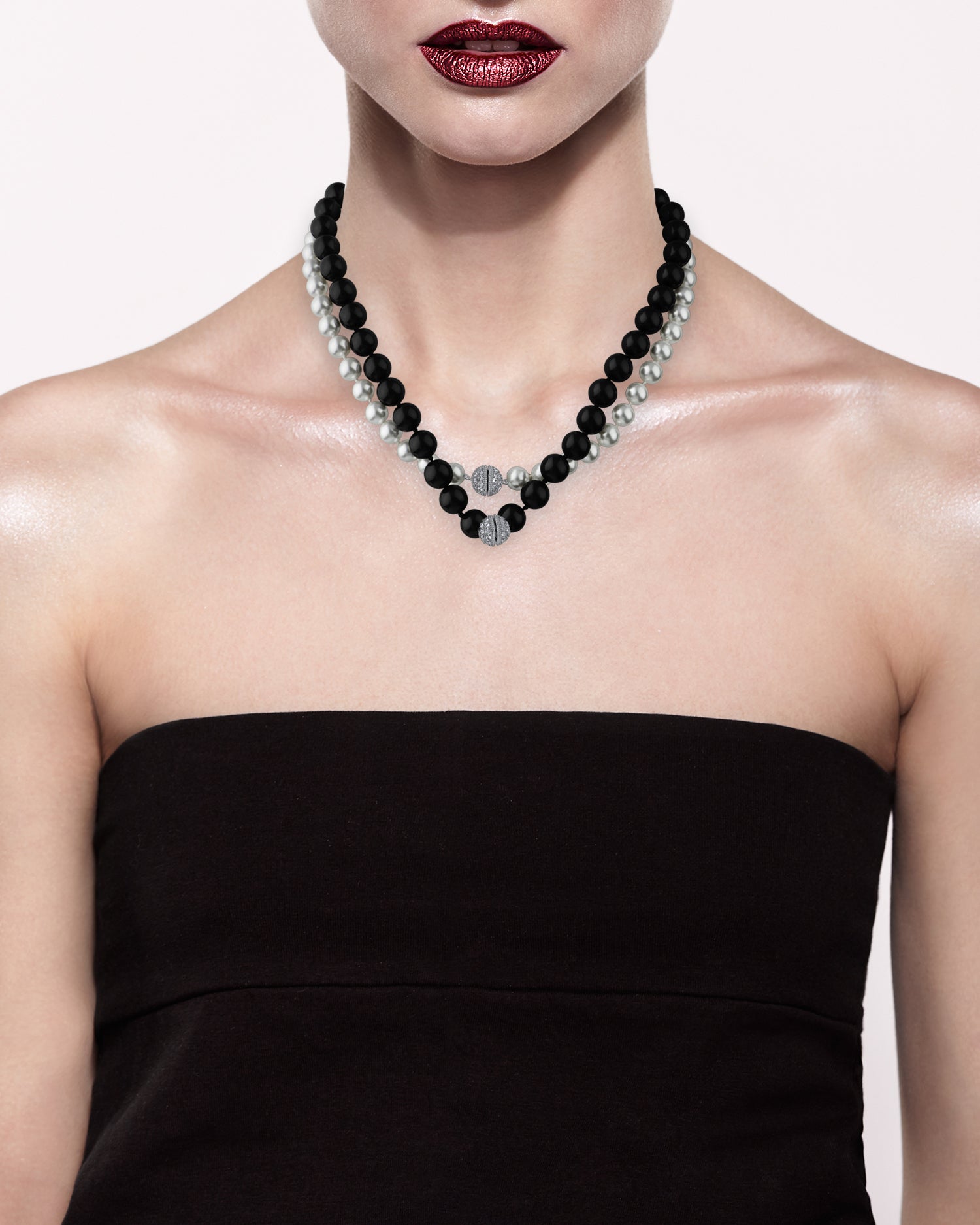 Pearl & Black Onyx Double Pave Cubic Zirconia Necklace