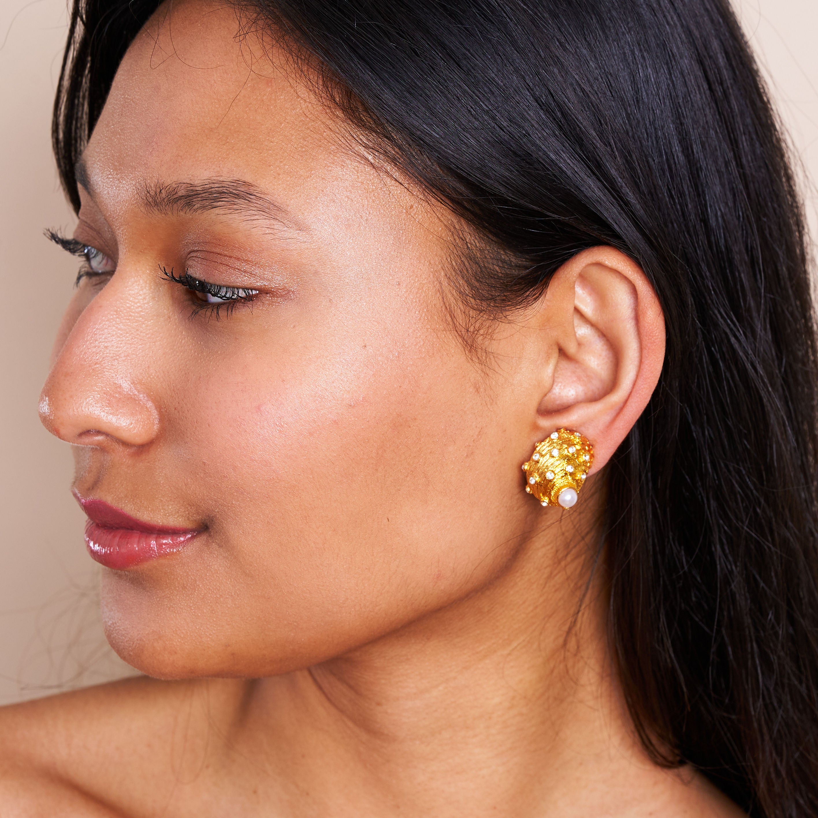 Gold & Pearl Seashell Button Clip Earrings