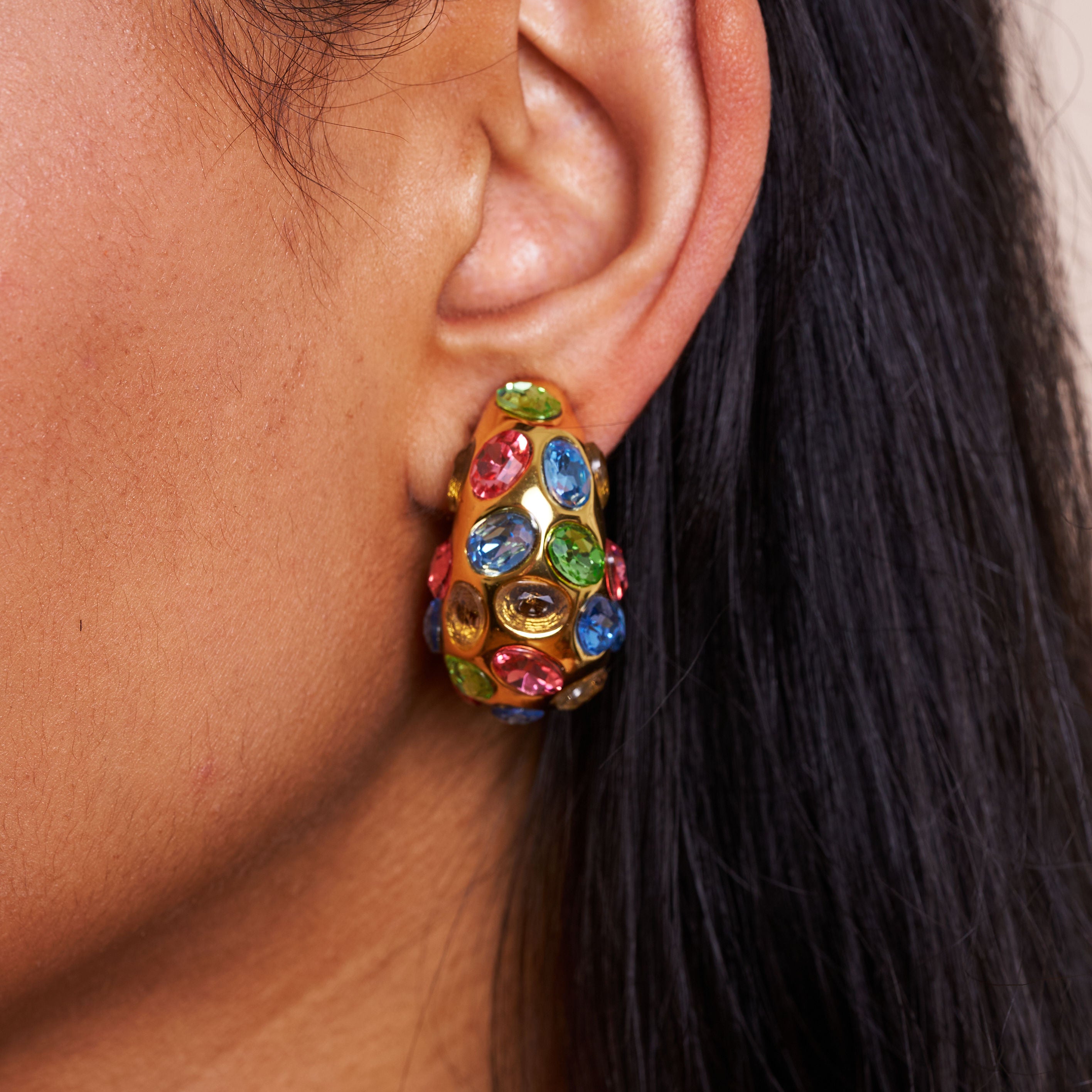 Gold & Multi Pastel Gemstone Clip Earrings