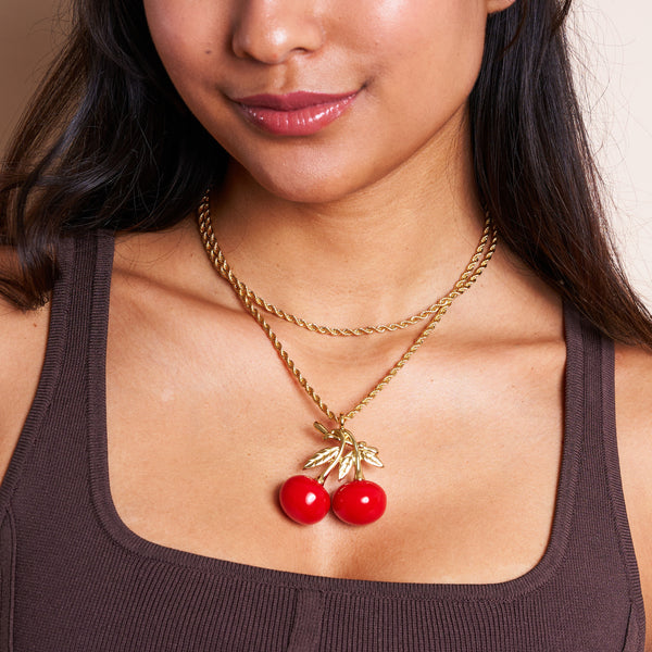 Gold Rope Chain & Cherry Pendant Necklace