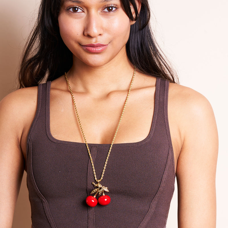 Gold Rope Chain & Cherry Pendant Necklace