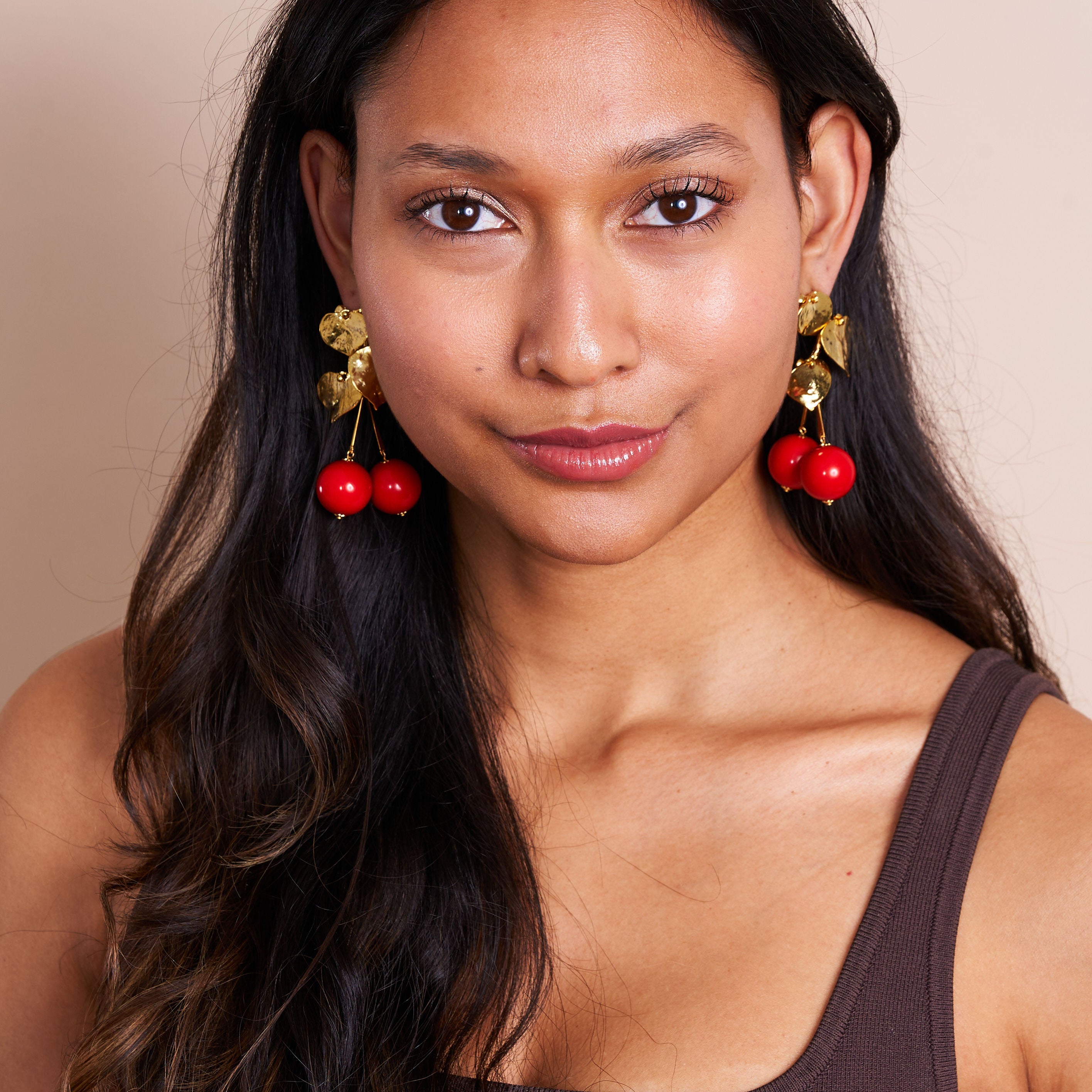 Satin Gold Leaves & Cherry Drop Post Earrings