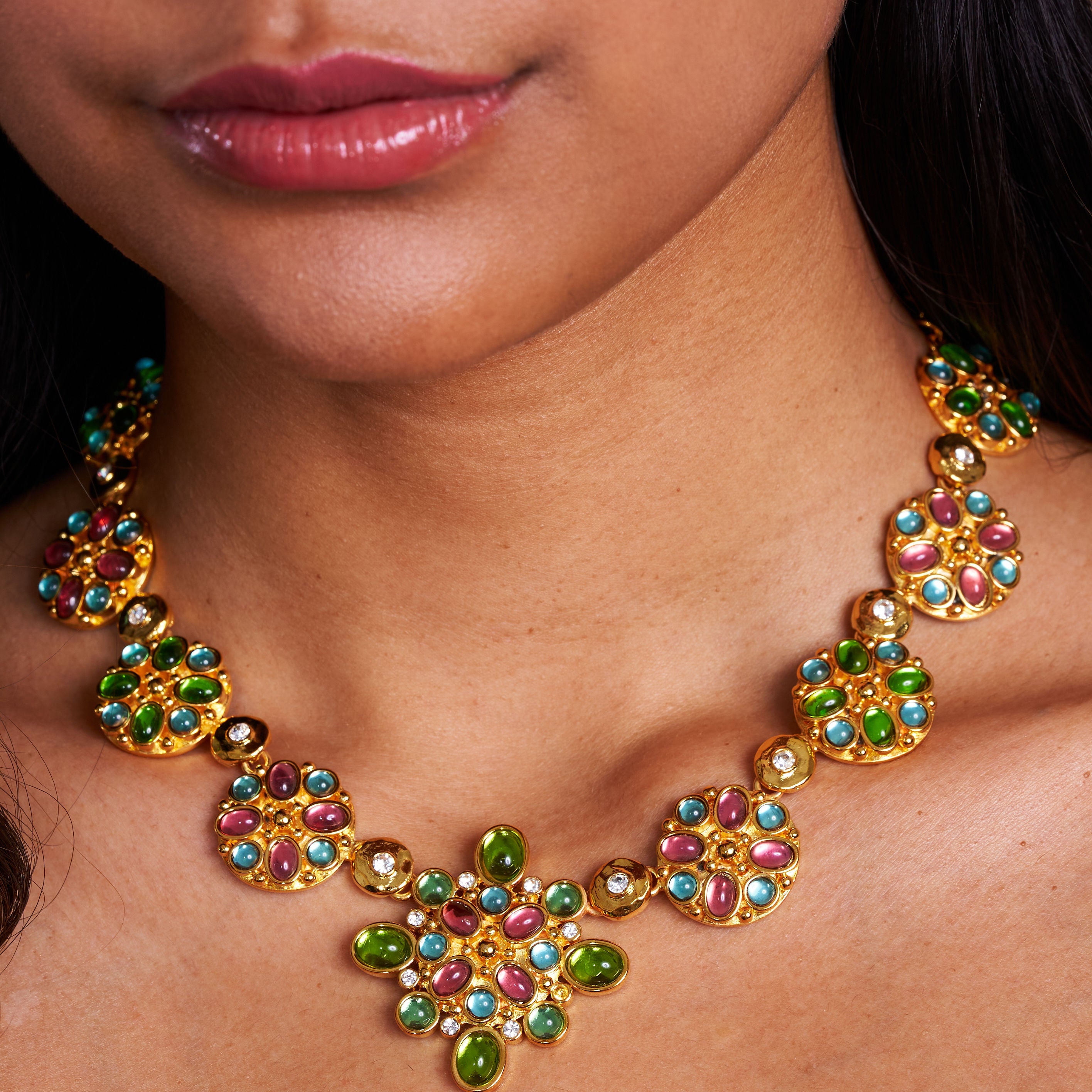 Multicolored Gem Cabochon & Gold Chain Necklace