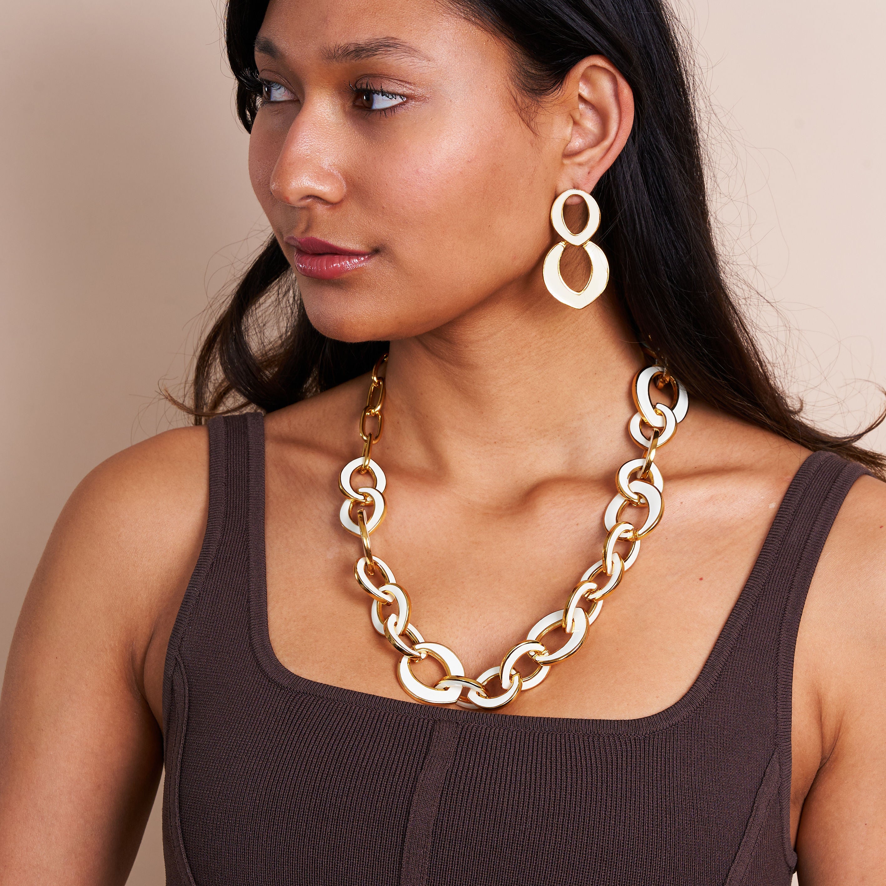 Polished Gold & White Enamel Link Necklace