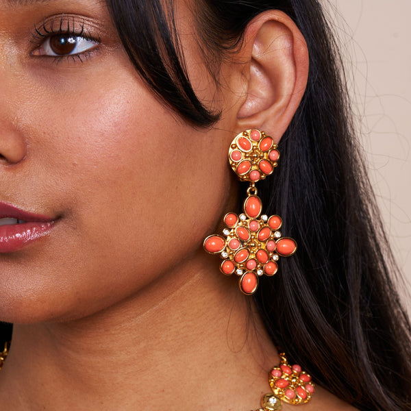 Gold & Coral Cabochon Drop Clip Earrings