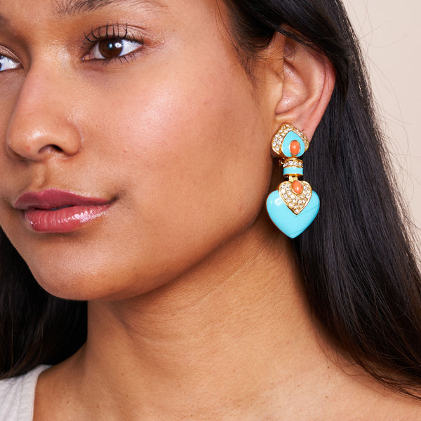 Turquoise & Coral Heart Drop Clip Earrings