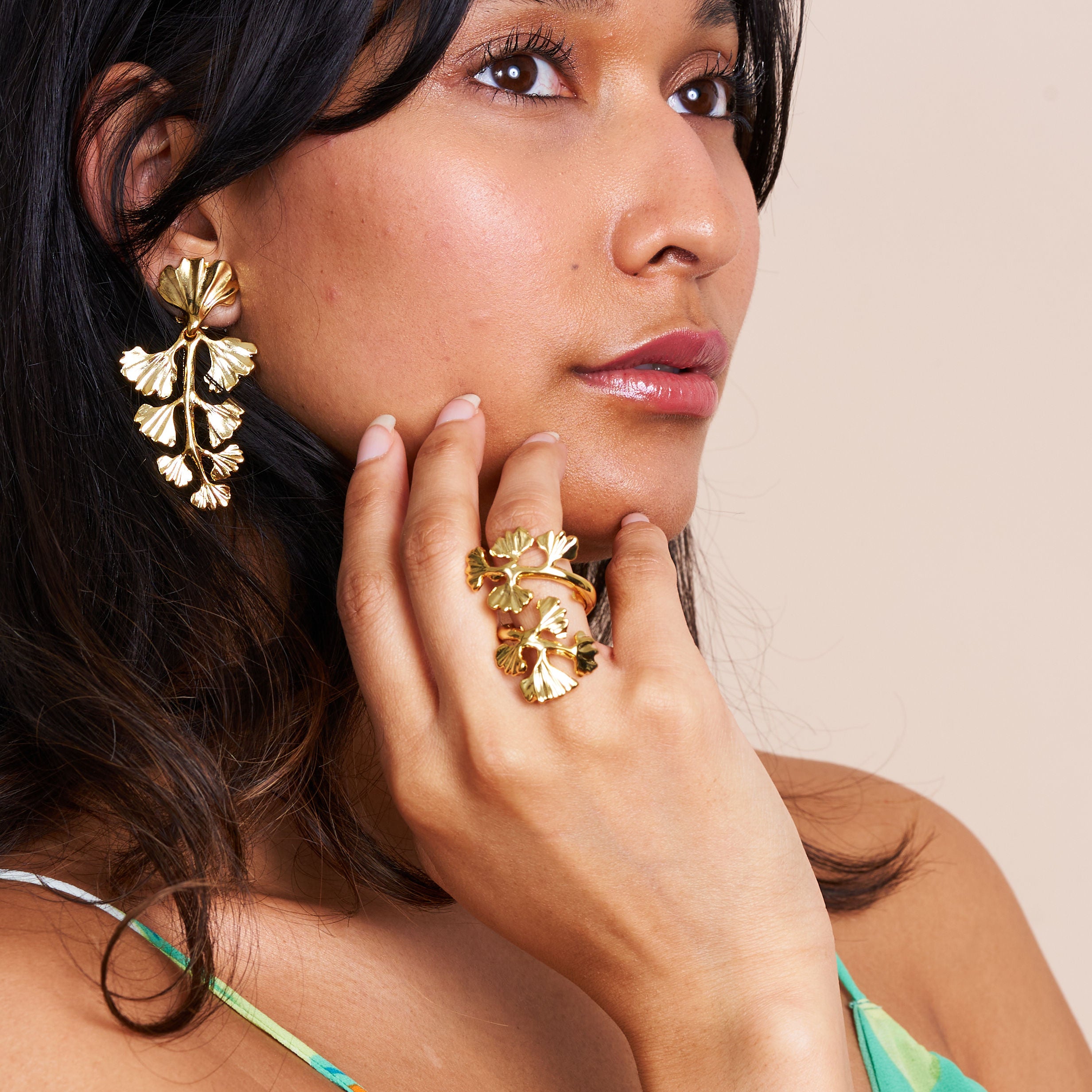 Gold Leaves & Vine Drop Clip Earrings