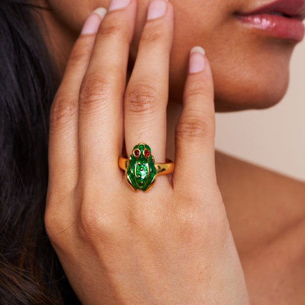 Transparent Green & Gold Frog Ring