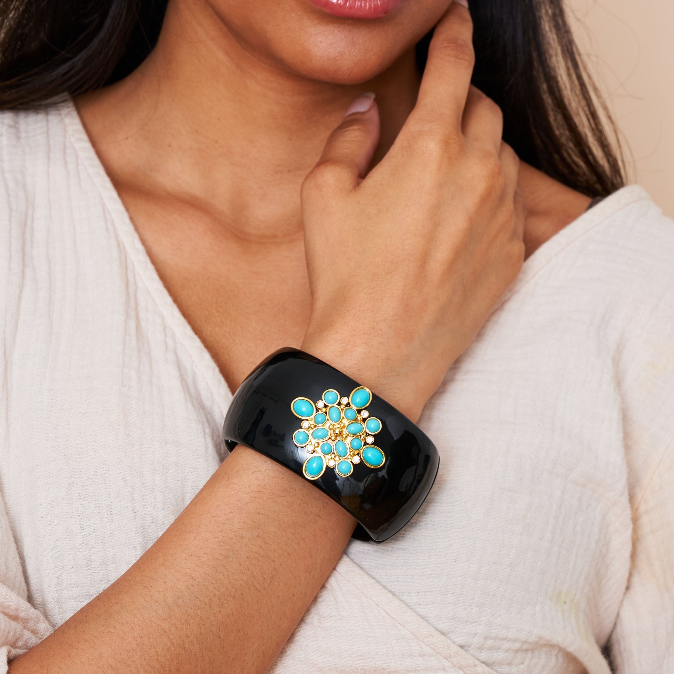 Turquoise Cabochon & Black Cuff Bracelet