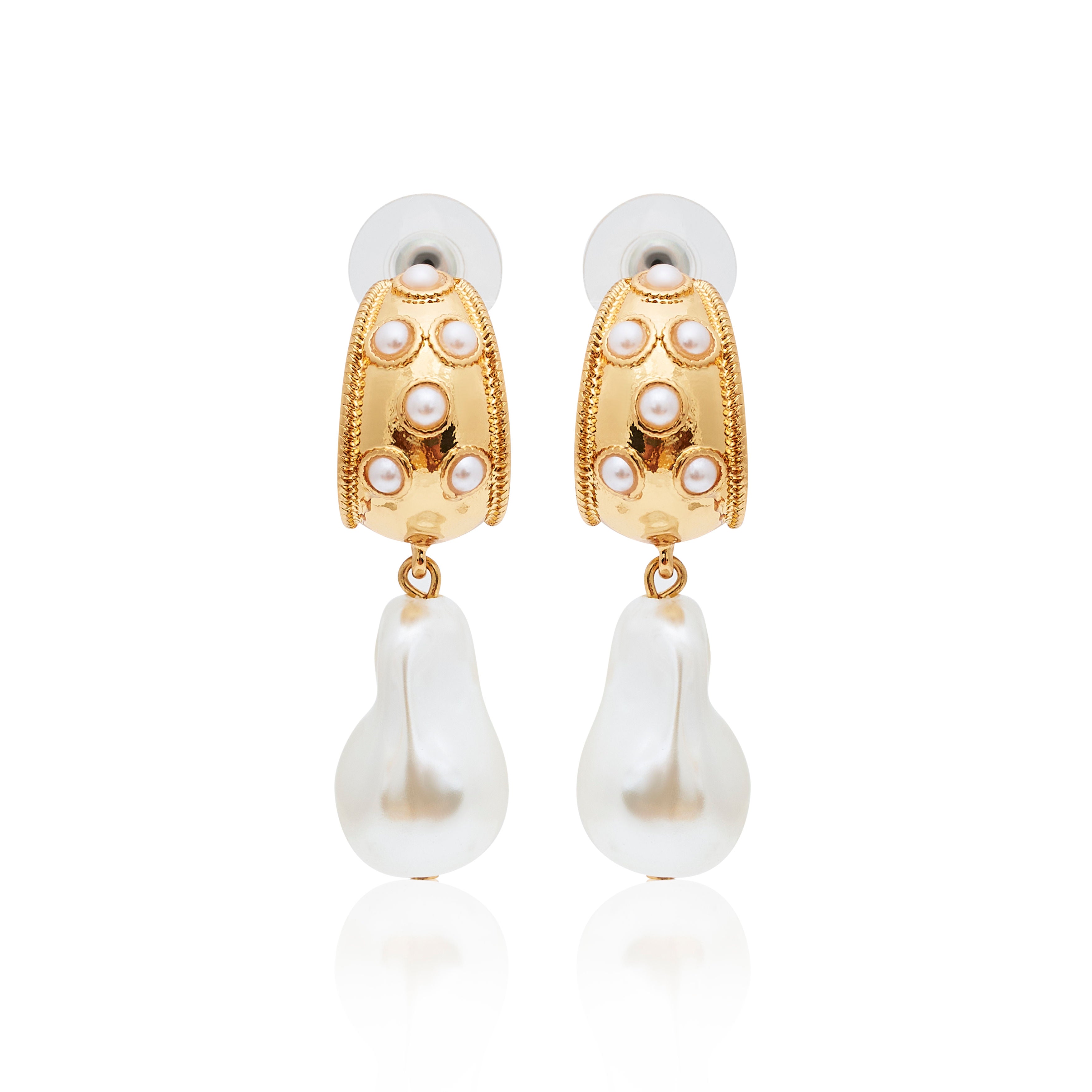 Gold Half Hoop Pearl Drop Pierced Earrings