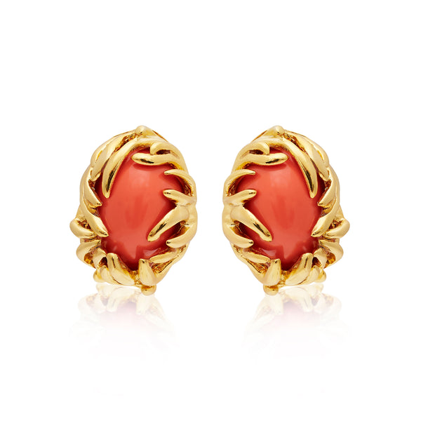 Polished Gold Branch & Coral Clip Earrings