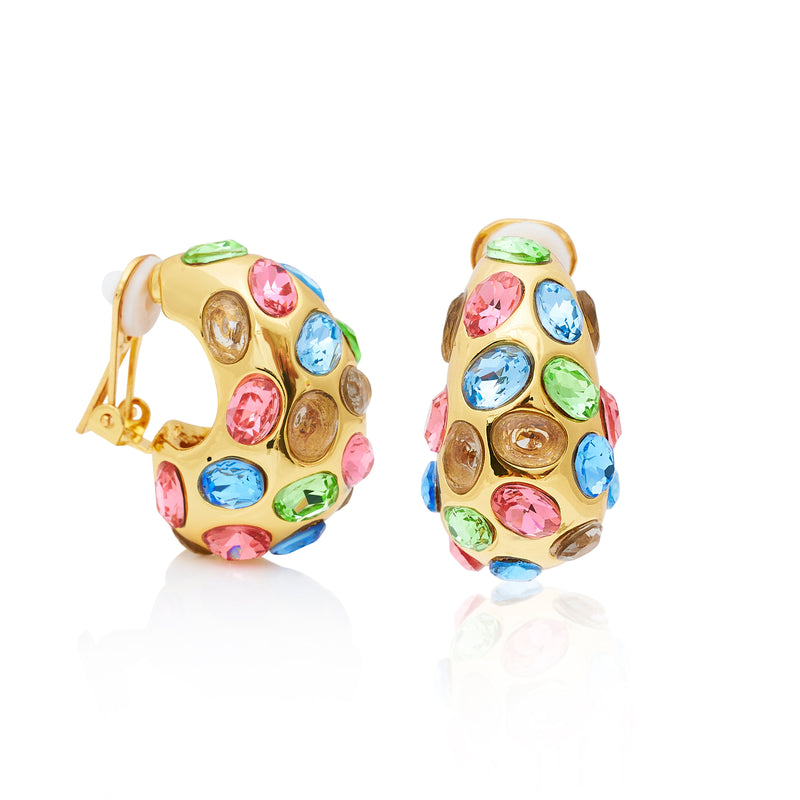 Gold & Multi Pastel Gemstone Clip Earrings