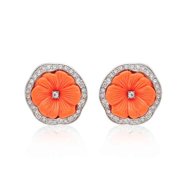 Rhodium & Coral Resin Pansy Clip Earrings