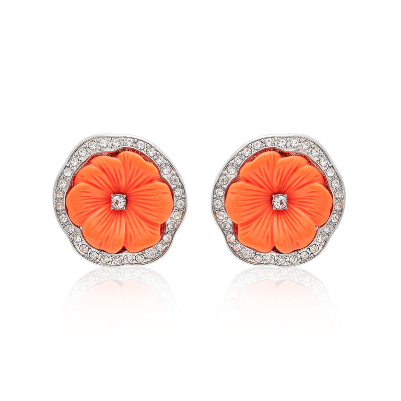 Rhodium & Coral Resin Pansy Clip Earrings