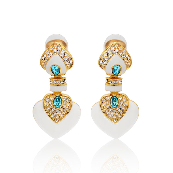 White & Aqua Heart Drop Clip Earrings