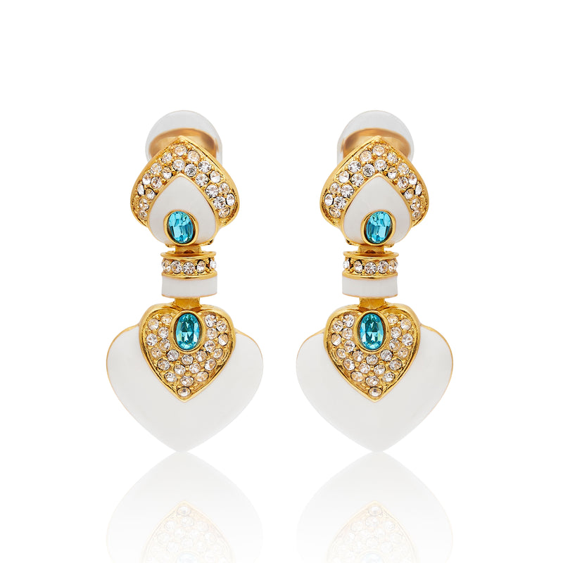 White & Aqua Heart Drop Clip Earrings