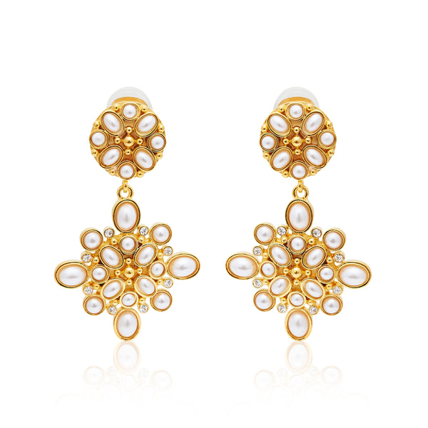 Gold & Pearl Cabochon Drop  Clip Earrings
