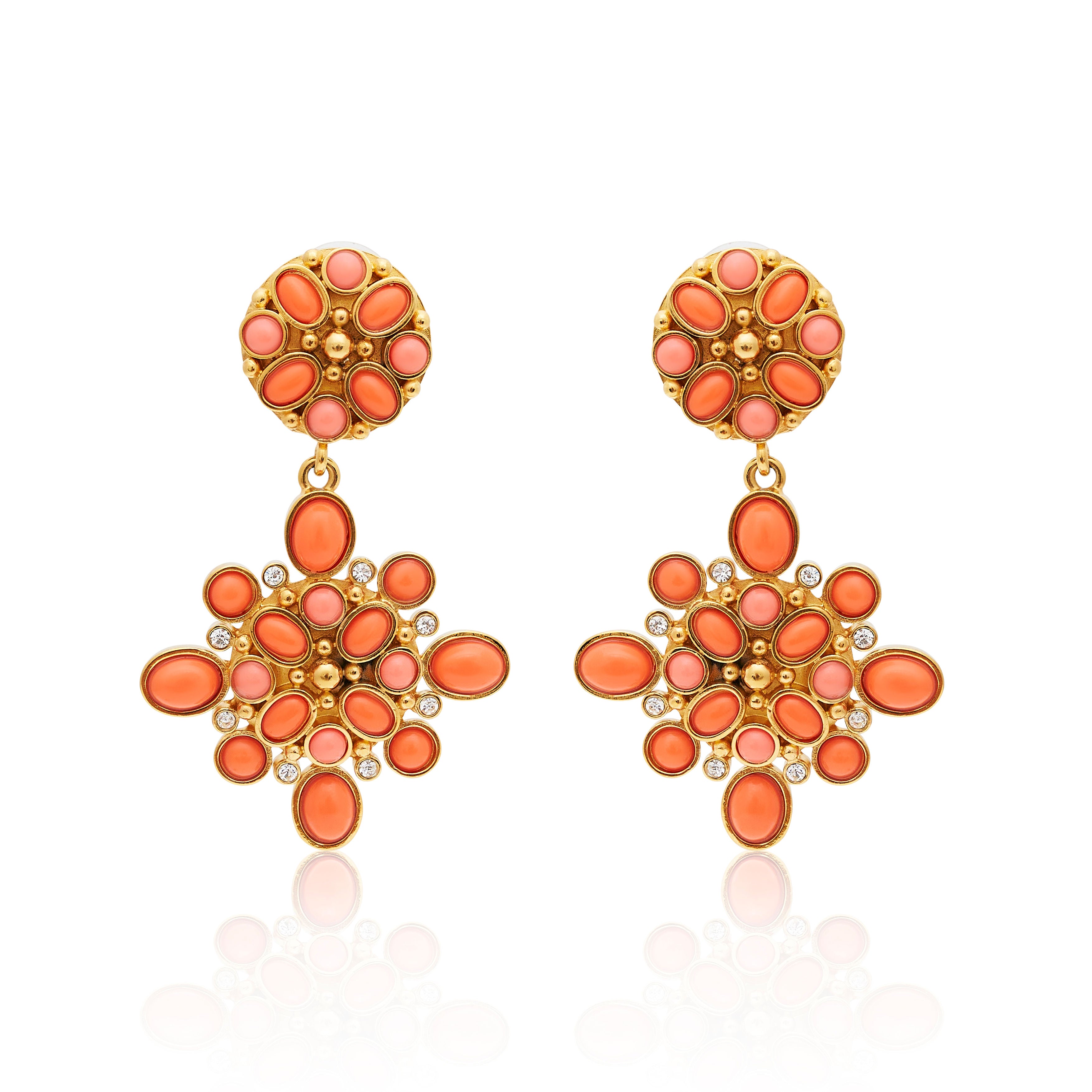 Gold & Coral Cabochon Drop Clip Earrings