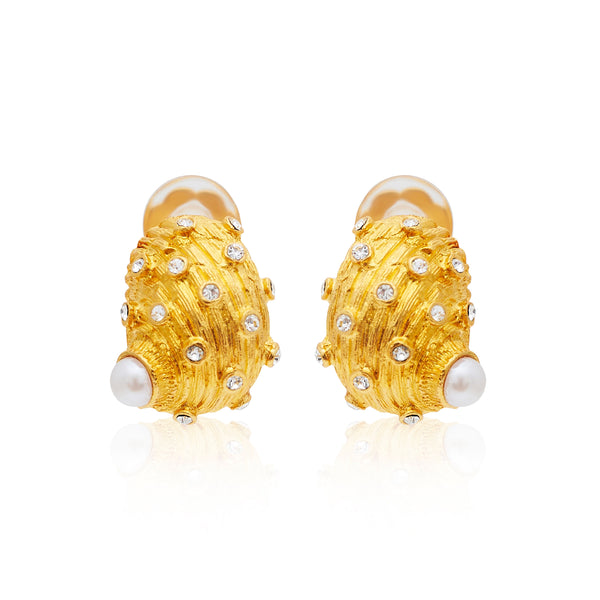 Gold & Pearl Seashell Button Clip Earrings
