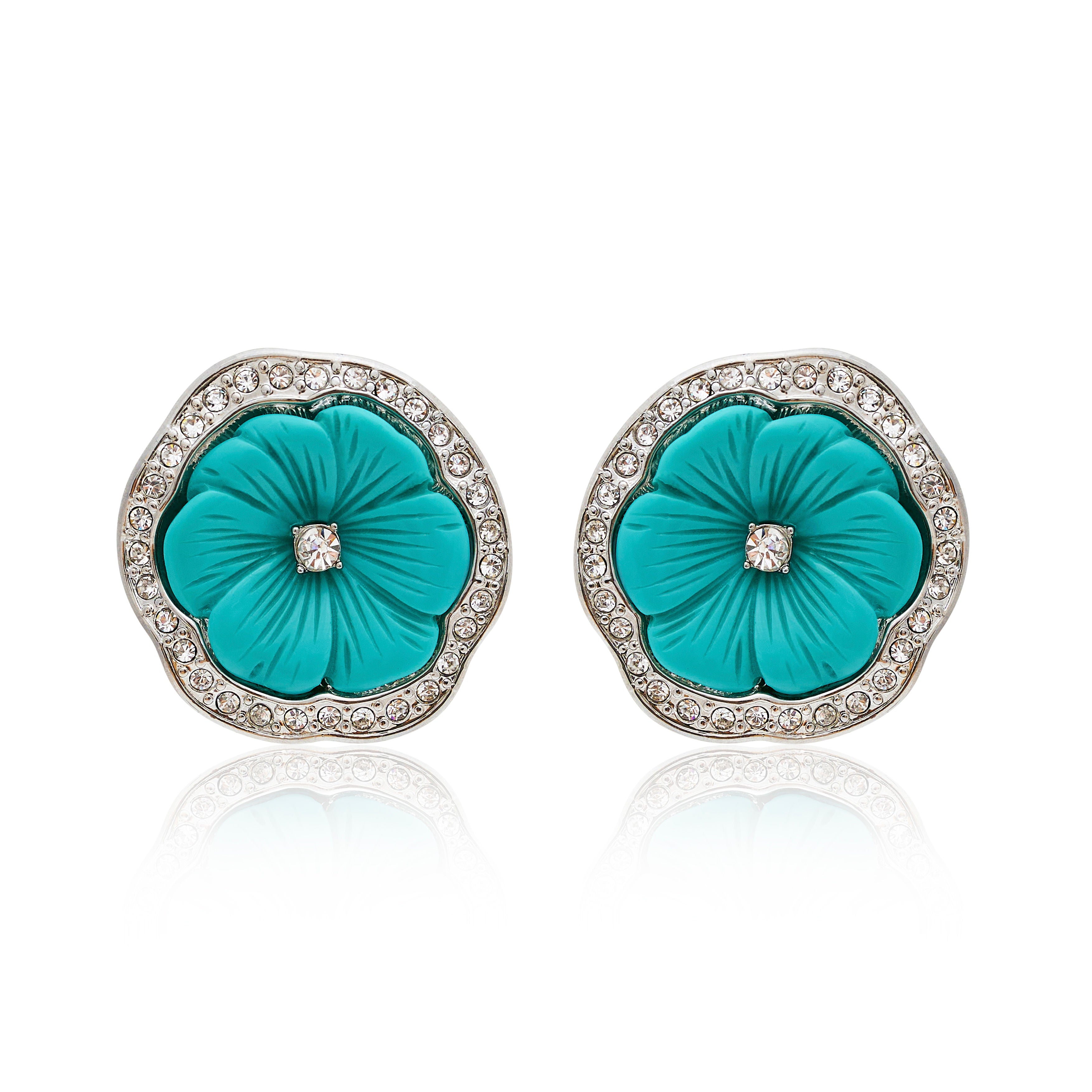 Rhodium & Turquoise Resin Pansy Clip Earrings