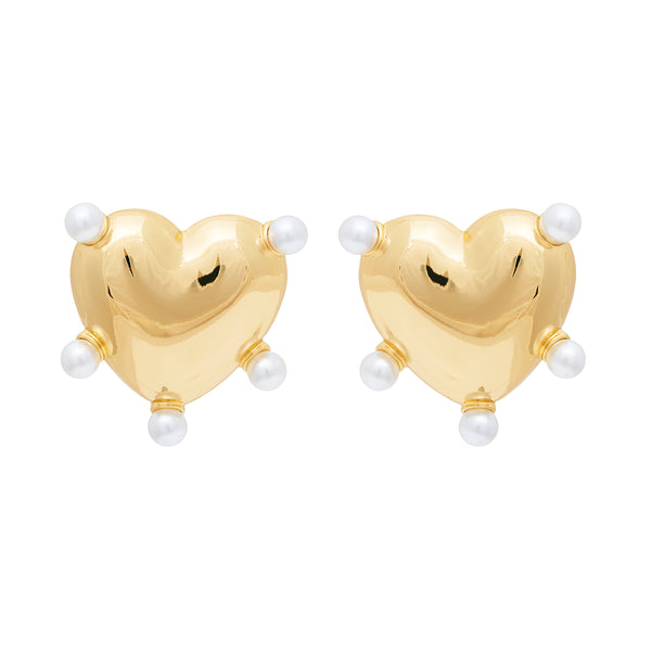 Polished Gold Heart & Pearl Post Earrings
