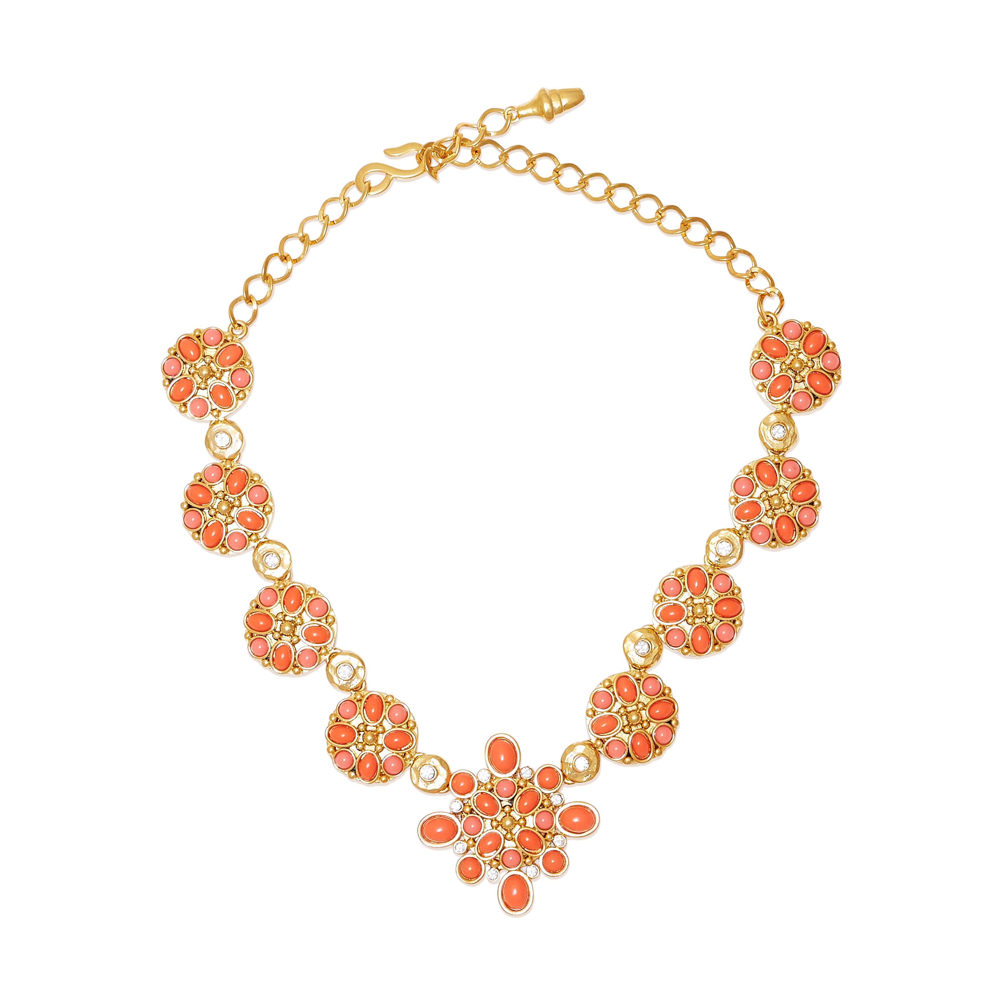 Coral & Pearl Rhinestone Gold Chain Necklace