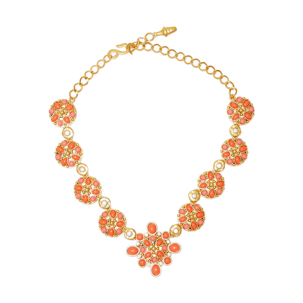 Coral & Pearl Rhinestone Gold Chain Necklace