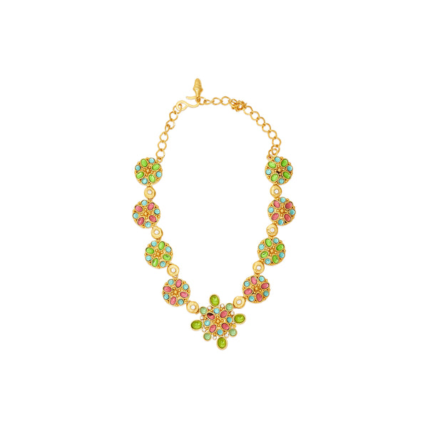 Multicolored Gem Cabochon & Gold Chain Necklace