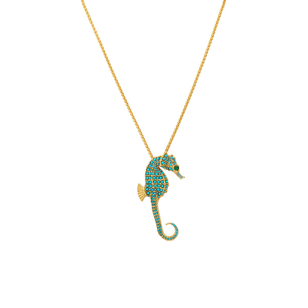 Gold Chain Necklace & Turquoise Seahorse Pendant