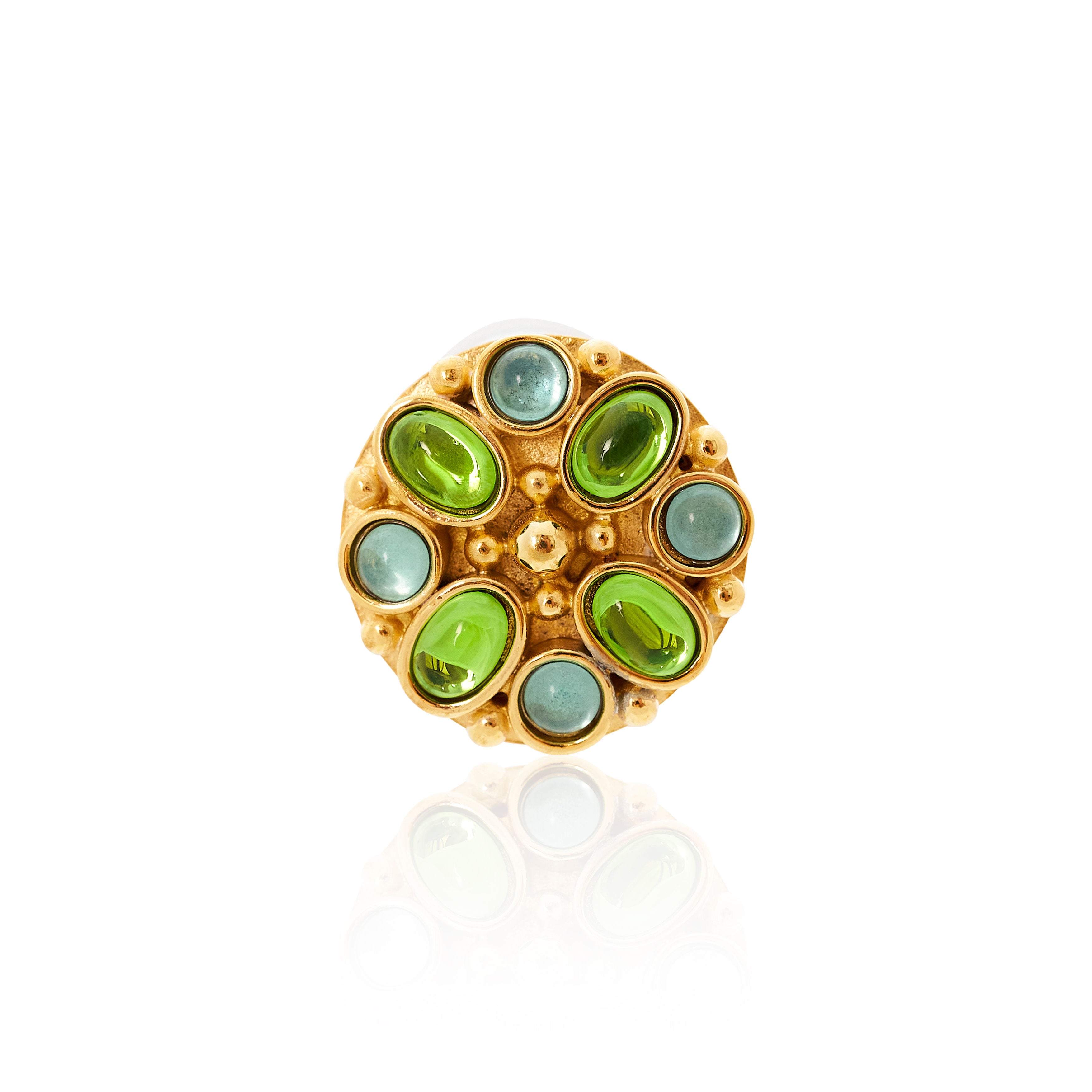 Aqua & Peridot Gold Button Clip Earrings