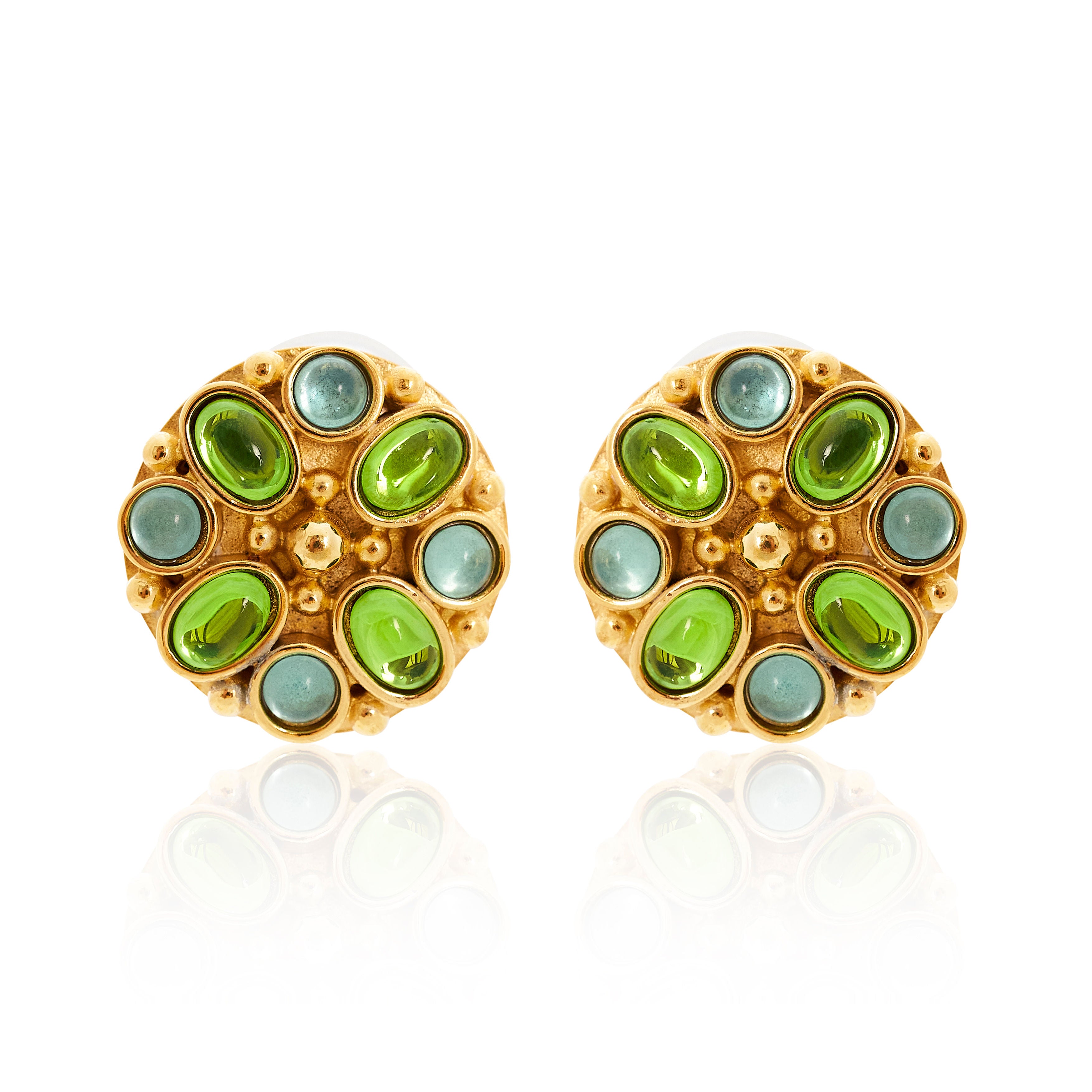 Aqua & Peridot Gold Button Clip Earrings