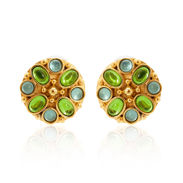 Aqua & Peridot Gold Button Clip Earrings