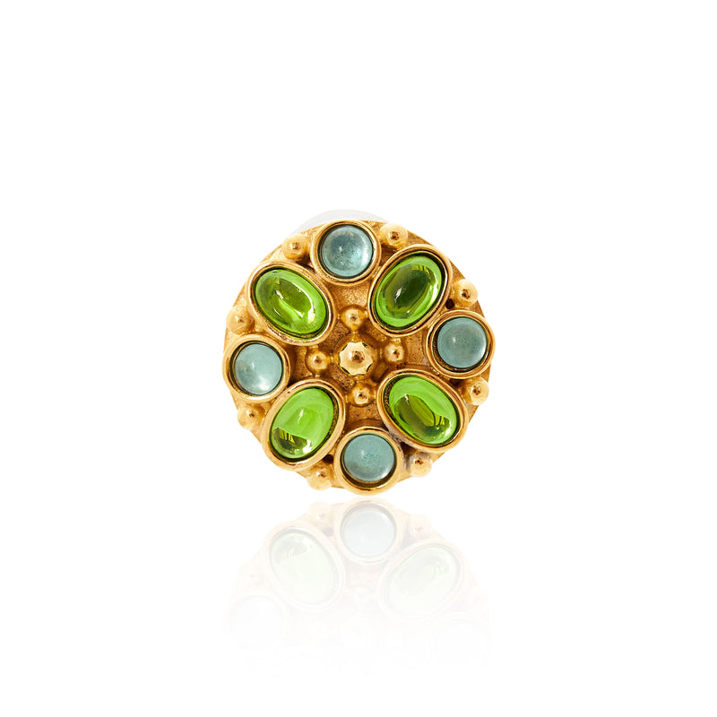 Aqua & Peridot Gold Button Clip Earrings