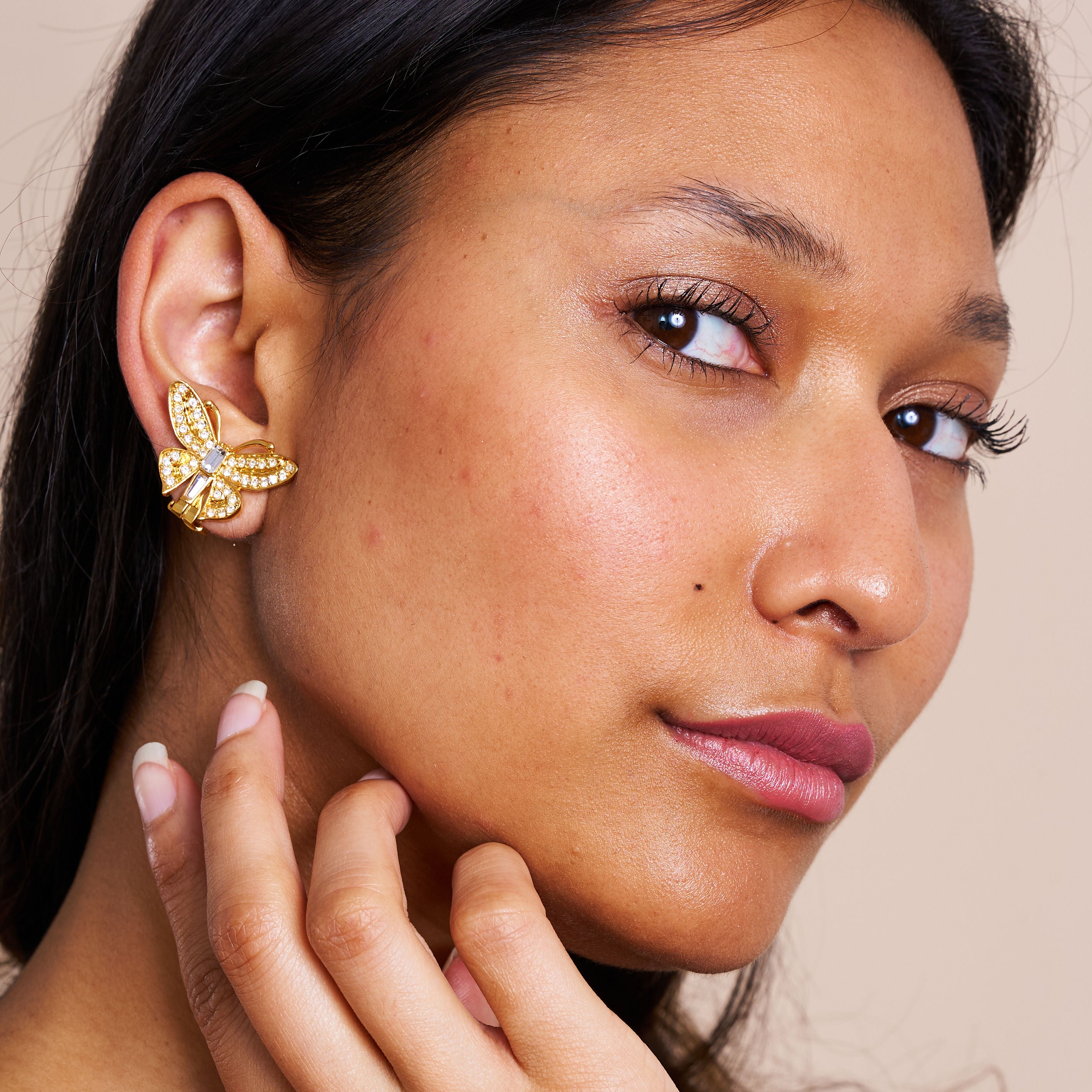 Gold & Crystal Butterfly Clip Earrings