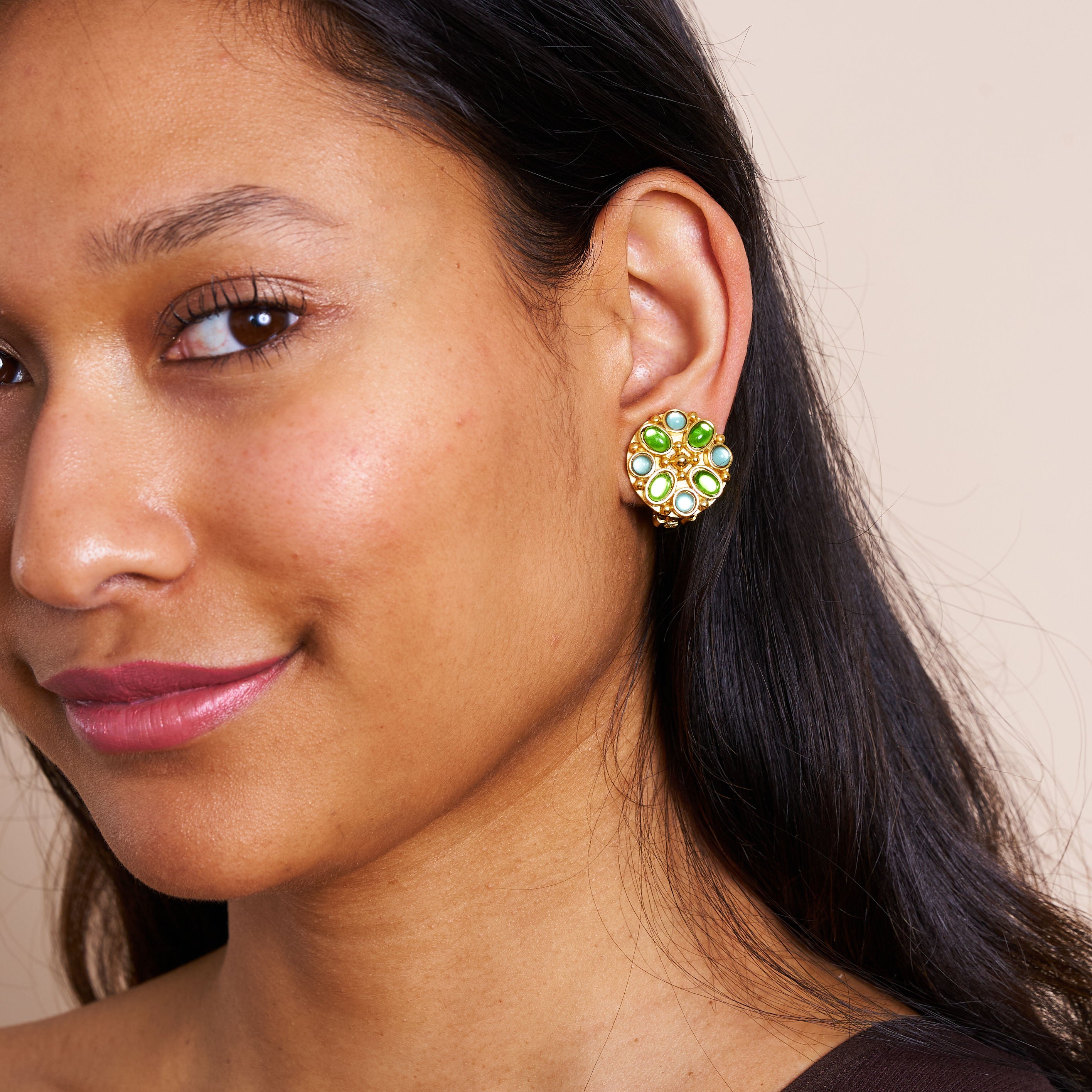 Aqua & Peridot Gold Button Clip Earrings