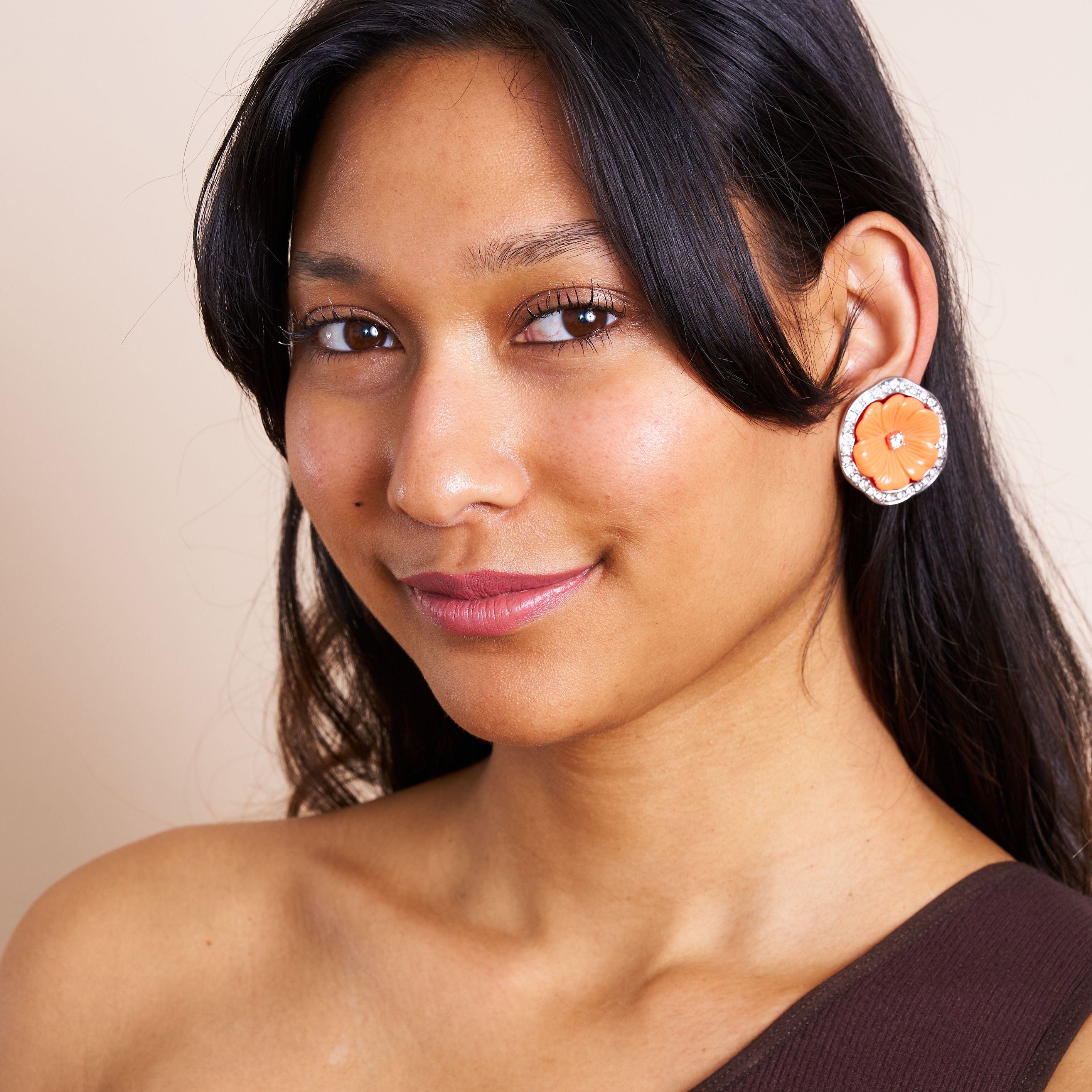 Rhodium & Coral Resin Pansy Clip Earrings