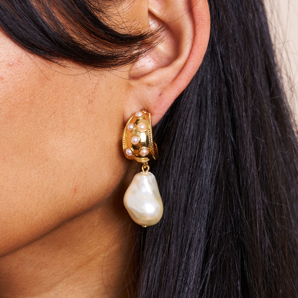 Gold Half Hoop Pearl Drop Pierced Earrings