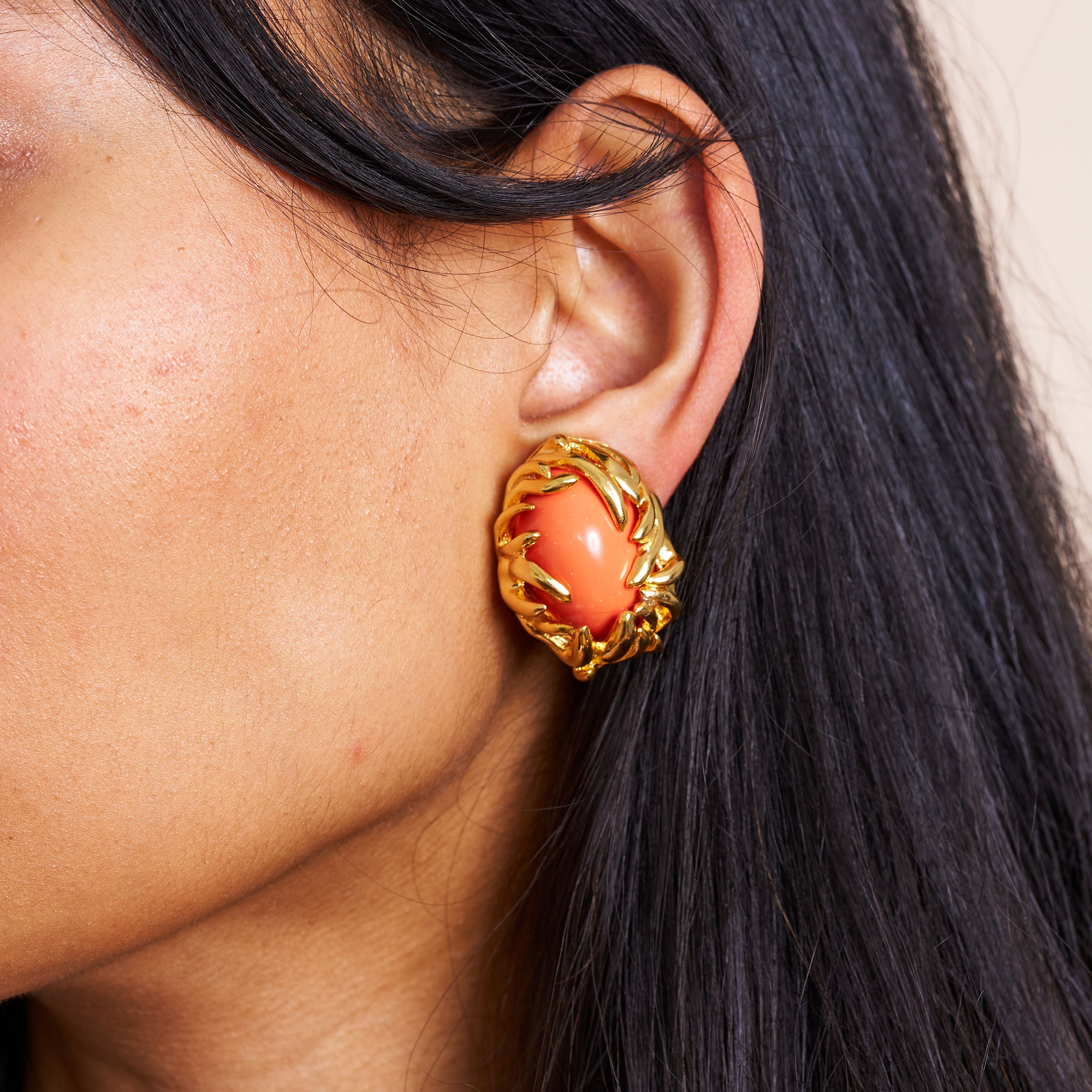 Polished Gold Branch & Coral Clip Earrings