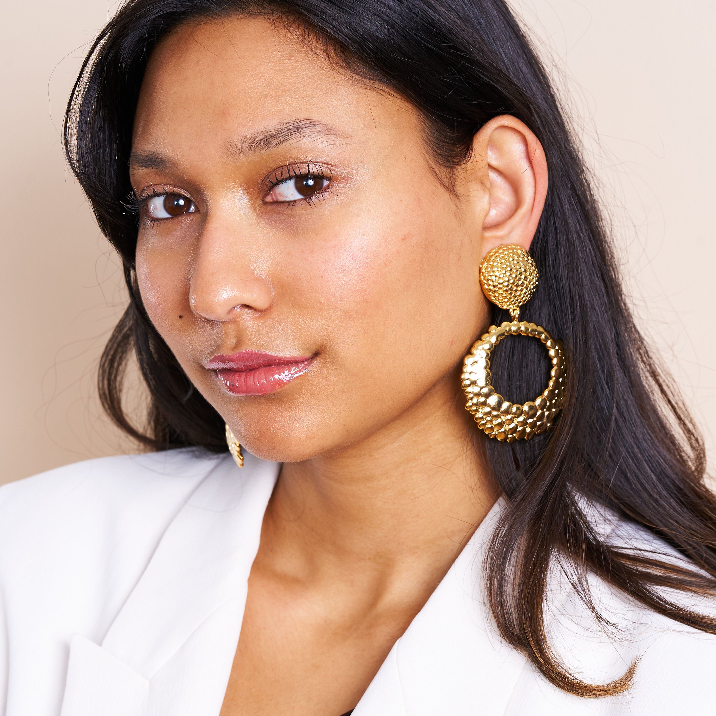 Gold Hammered Open Hoop Clip Earrings