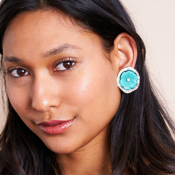 Rhodium & Turquoise Resin Pansy Clip Earrings