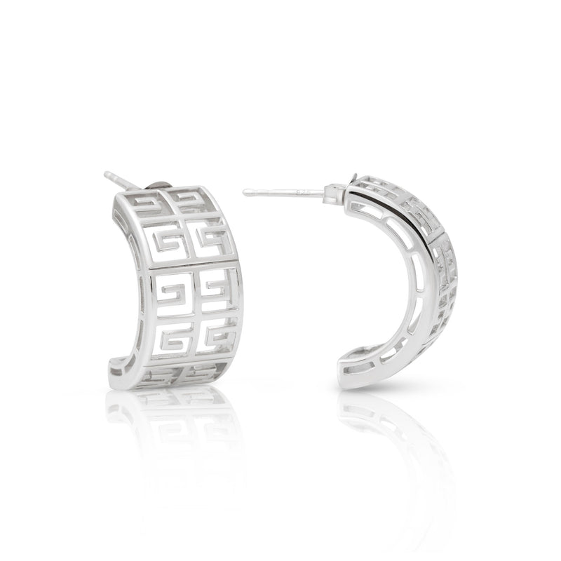 925 Silver Greek Keys Half Hoop Pierced Earring