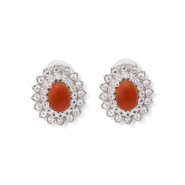 925 Sterling Silver with White Topaz/Carnelian Cabochon Clip Earring